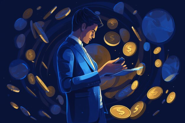 Photo man paying with phone wallet surrounded by golden coins isolated on dark blue background