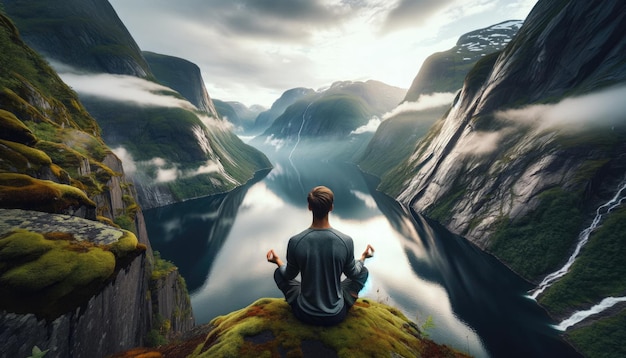 Man in a peaceful yoga pose meditating at the edge of a breathtaking mountain lake surrounded by maj