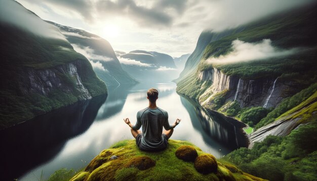 Man in a peaceful yoga pose meditating at the edge of a breathtaking mountain lake surrounded by maj