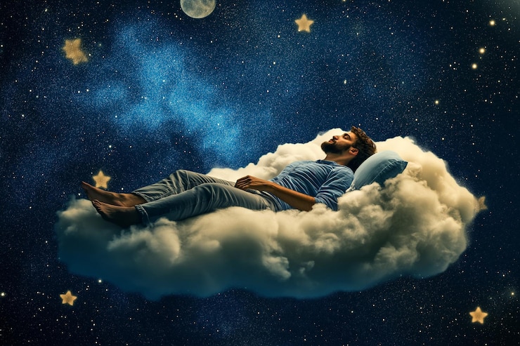 Photo a man peacefully asleep on a cloudlike bed floating in the middle of a starry sky surreal dreamlike scene