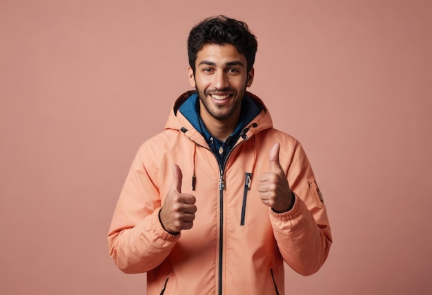 Мужчина в персиковой куртке с радостным выражением лица, поднимающий двойной большой палец в своей повседневной одежде.