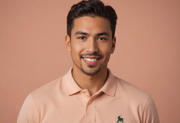 A man in a peach polo shirt with a genuine friendly smile conveying a smartcasual look