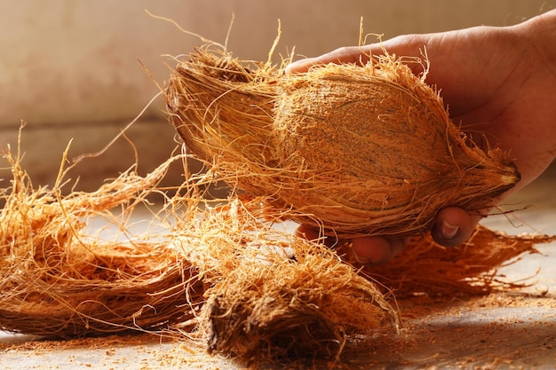 Man peeling coconut from hand image indoor shoot