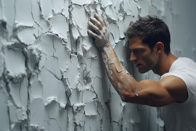 Man peeling off paint from an old wall