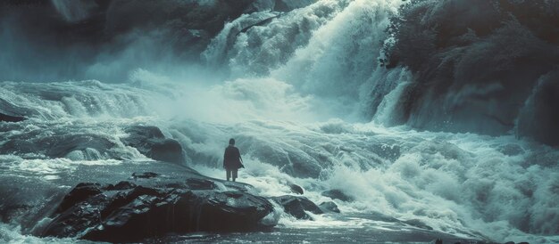 写真 壮大なに向かって岩の上に座っている男