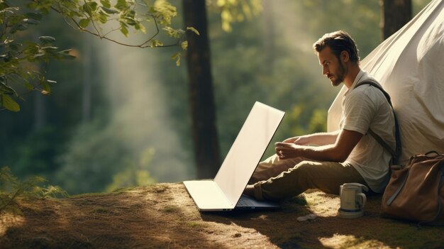 Photo man perches in a laptop photo realistic illustration