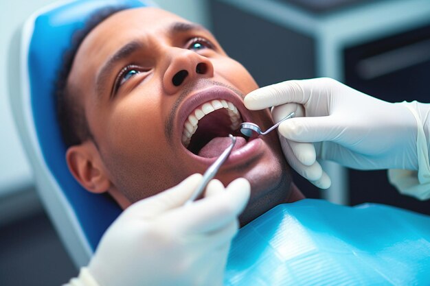 Photo man performing dental care procedure in clinic concept of oral health and teeth care dental plan