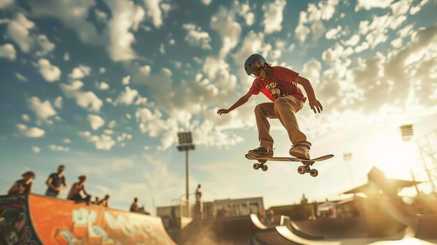 Photo man performing skateboard aerial jump