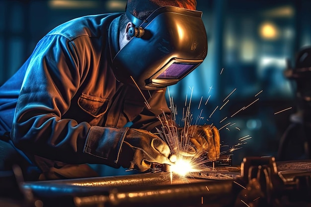 A man performing welding and grinding at his workplace in the workshop