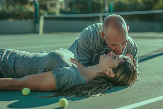 Photo man performs cpr on woman on a tennis court