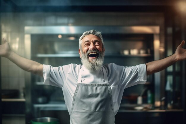 Foto man personeel restaurant schort kaukasische chef-kok service keuken staande portret voedsel generatieve ai