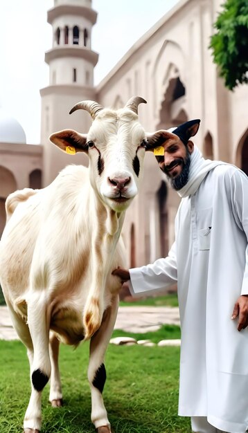 Foto un uomo che accarezza una mucca con un tag nell'orecchio