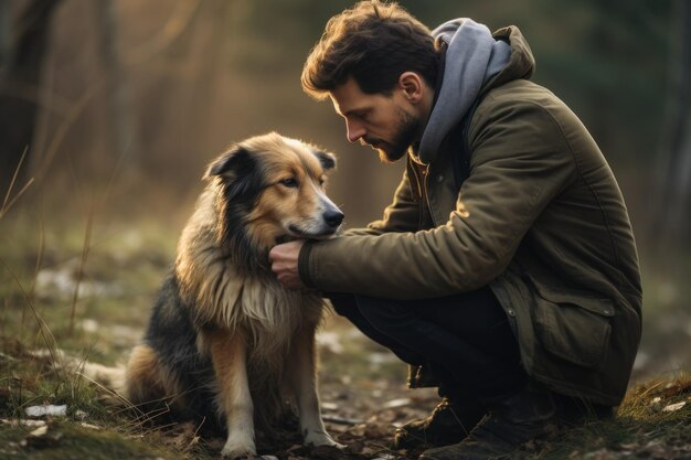 Foto uomo che accarezza il cane nel bosco