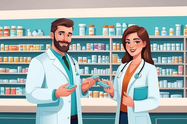 Фото Фармацевт в униформе и медицинская женщина, держащая таблетки или лекарства