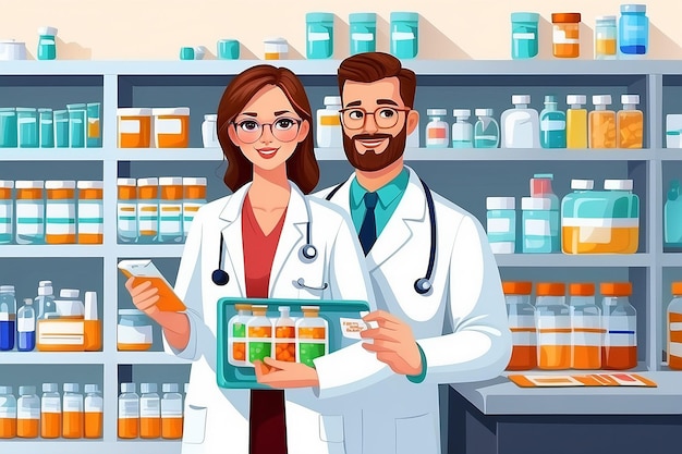 Man pharmacist in uniform and woman medical holding pills or drugs Druggist or pharmaceutical store cartoon sign