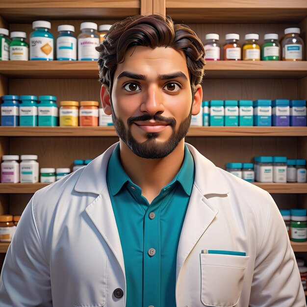 Photo a man in a pharmacy lab coat standing in front of shelves