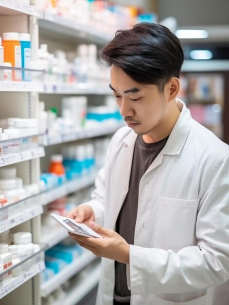 Photo a man in a pharmacy looking at a phone