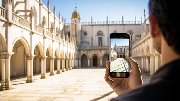 Мужчина фотографирует монастырь иеронимуш на мобильный телефон
