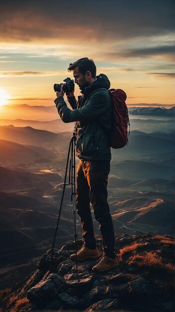 Мужчина фотографирует с помощью камеры во время захода солнца