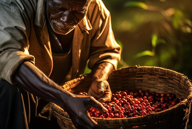 man picking black coffee beans and a basket in the style of light crimson and amber