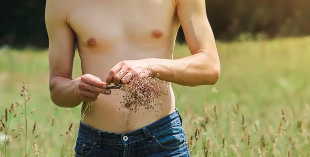 Man picking flowers on summer field