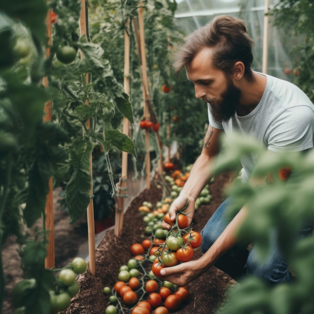 A man picking tomatoes in a greenhouse Generative AI image