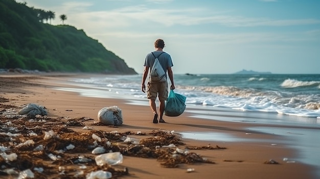 Man picking up trash on the beach at sunset Concept of environmental pollution