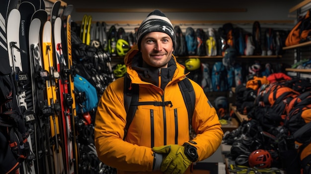 Фото Мужчина выбирает в магазине лыжное оборудование для гор