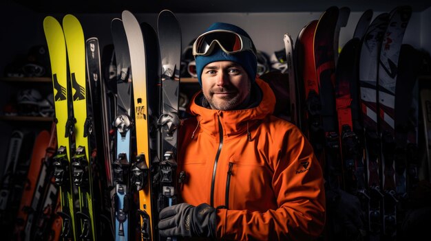 Foto un uomo sceglie l'attrezzatura da sci per le montagne al negozio