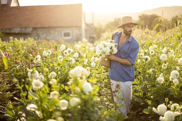 Man picks up dahlias at flower farm outdoors