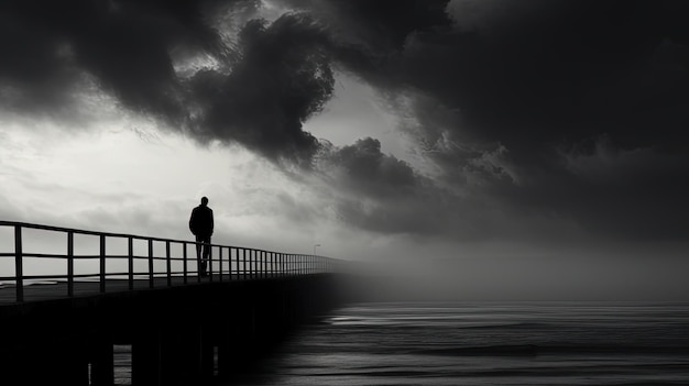 Photo man on pier observing monochromatic seascape silhouette concept