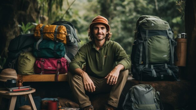 Photo man next to pile of backpacks