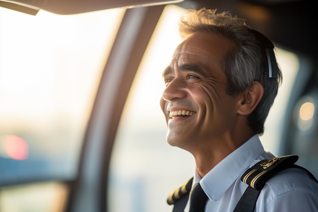 a man in a pilot's uniform smiling at the camera