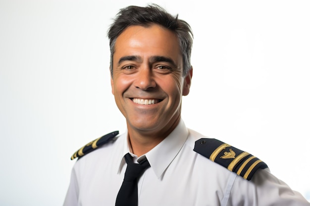 パイロットの制服を着て笑顔で写真を撮る男性