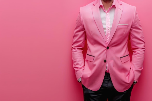 Man in Pink Business Suit Posing Against Pink Backdrop