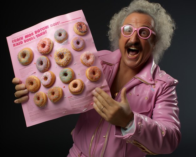 Photo a man in pink glasses holds up a book with donuts on it.