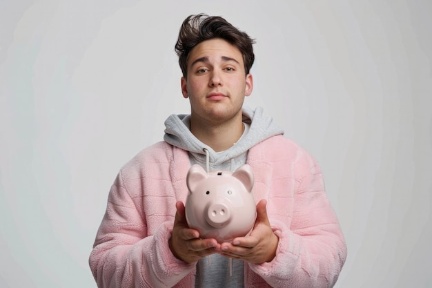 a man in a pink jacket holds a piggy bank