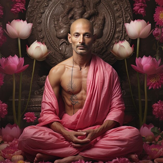 a man in a pink robe sits in front of a statue of tulips