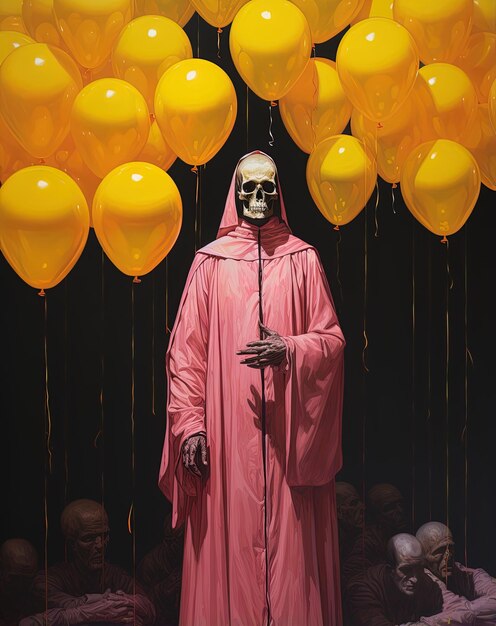 Photo a man in a pink robe stands in front of balloons that say  death