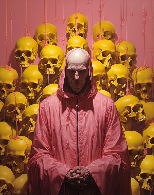 a man in a pink robe stands in front of a wall of skulls