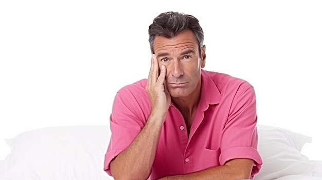 Photo a man in a pink shirt sitting on a bed