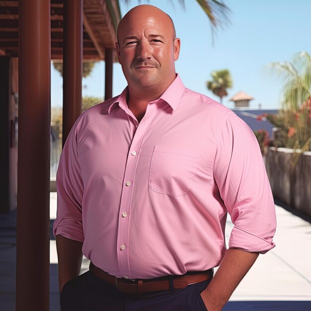 Photo a man in a pink shirt stands in front of a building