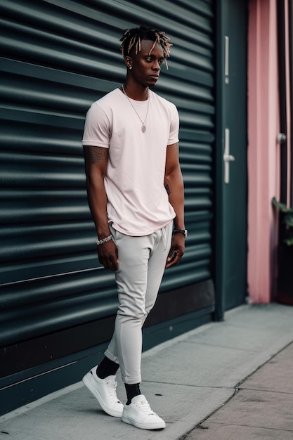 A man in a pink shirt stands in front of a garage door wearing a white shirt that says'the word'on it '