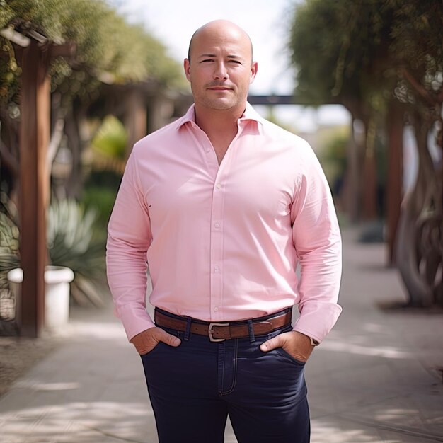 Photo a man in a pink shirt stands on a sidewalk