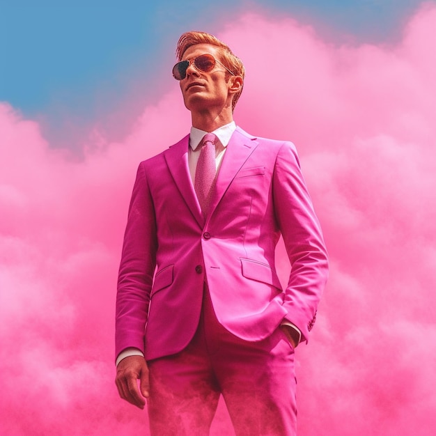 A man in a pink suit stands in front of a pink cloud of smoke.