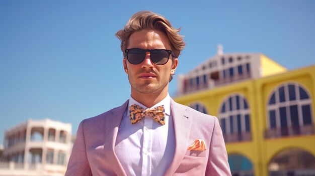 A man in a pink suit stands in front of a yellow building with a yellow building in the background.