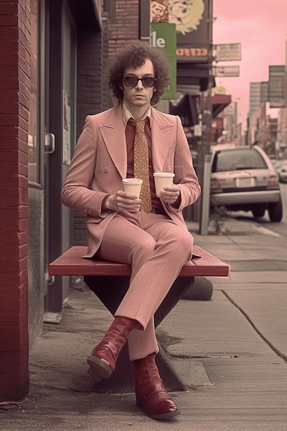 분홍색 슈트와 선글라스를 입은 남자가 커피 한 잔을 가지고 벤치에 앉아 있습니다.