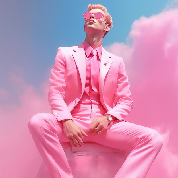 A man in a pink suit and sunglasses sits on a stool with a blue sky behind him.