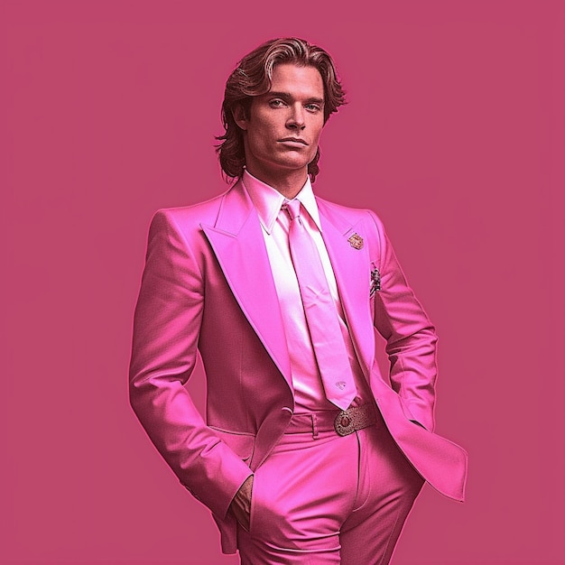 A man in a pink suit with a shirt that says'i love you '
