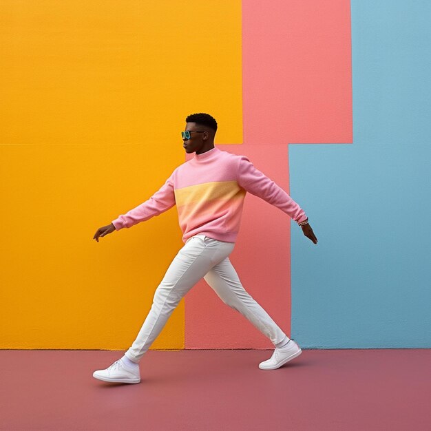 a man in a pink sweater is walking in front of a colorful wall with a sign that says " t ".